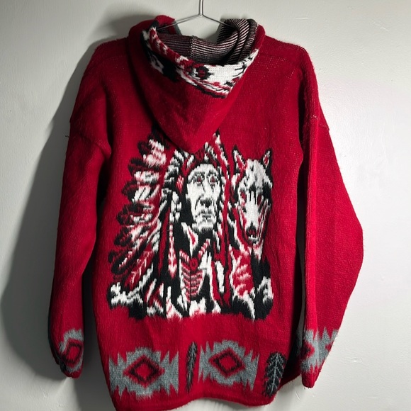 Ruminahui Wool Jacket Sweater Red/Black Native American Wolf - Picture 1 of 8